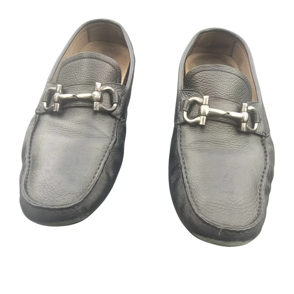 Salvatore Ferragamo Mens Black Pebbled Leather Gancini Bit Driving Loafers Italy